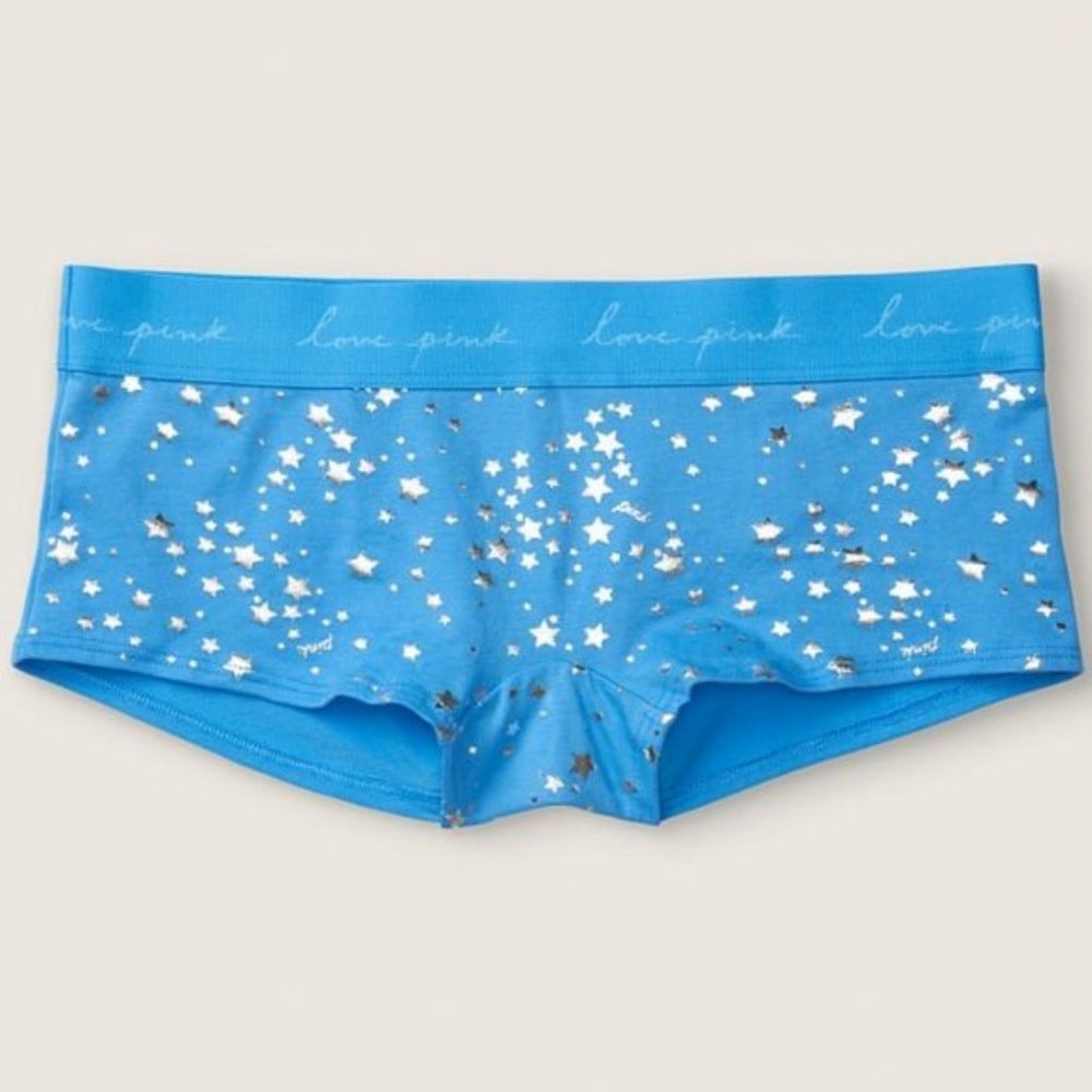 Victoria's Secret PINK Boyshorts Panty Skyline Blue Foil Stars Medium NEW